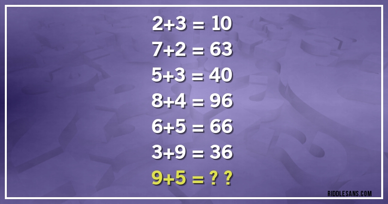 2+3 = 10
7+2 = 63
5+3 = 40
8+4 = 96
6+5 = 66
3+9 = 36
9+5 = ??