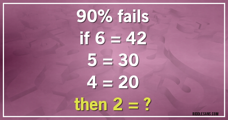 90% fails
if 6 = 42
5 = 30
4 = 20 
then 2 = ? 