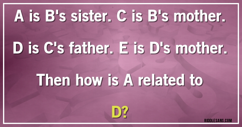 A is B's sister. C is B's mother. D is C's father. E is D's mother. 
Then how is A related to D?