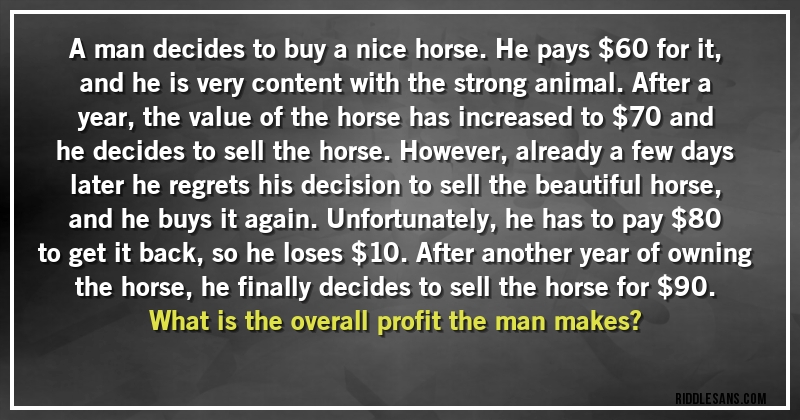 A man decides to buy a nice horse. He pays $60 for it, and he is very content with the strong animal. After a year, the value of the horse has increased to $70 and he decides to sell the horse. However, already a few days later he regrets his decision to sell the beautiful horse, and he buys it again. Unfortunately, he has to pay $80 to get it back, so he loses $10. After another year of owning the horse, he finally decides to sell the horse for $90.
What is the overall profit the man makes?