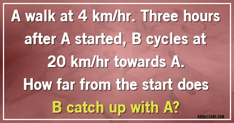 A walk at 4 km/hr. Three hours after A started, B cycles at 20 km/hr towards A. 
How far from the start does B catch up with A?