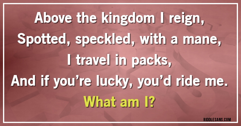 Above the kingdom I reign,
Spotted, speckled, with a mane,
I travel in packs,
And if you’re lucky, you’d ride me.
What am I?