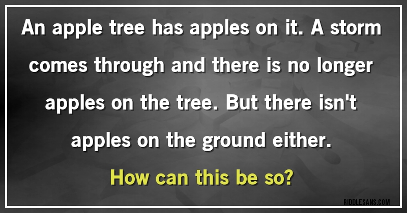 An apple tree has apples on it. A storm comes through and there is no longer apples on the tree. But there isn't apples on the ground either.

How can this be so?