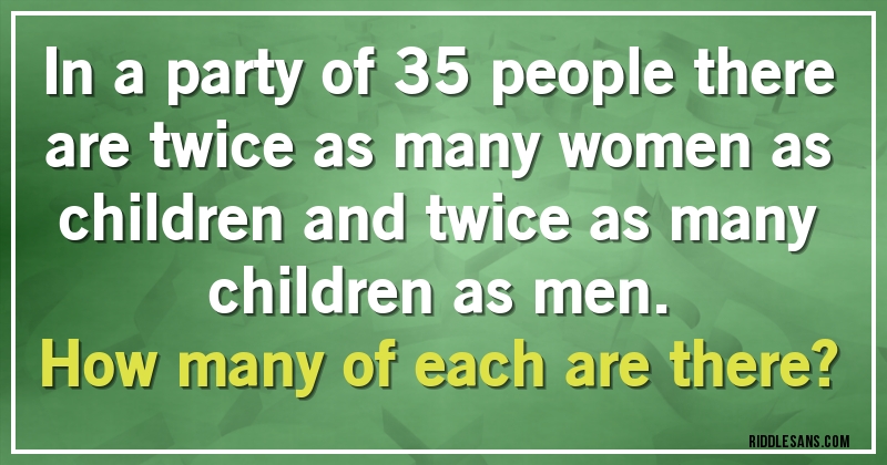 In a party of 35 people there are twice as many women as children and twice as many children as men. 
How many of each are there?