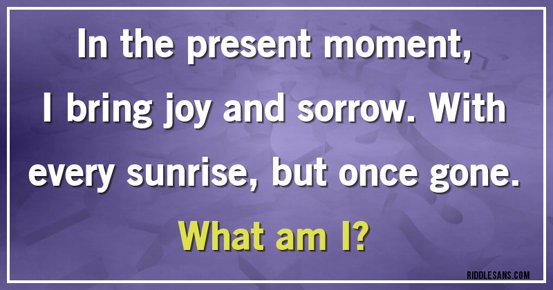 In the present moment, I bring joy and sorrow. With every sunrise, but once gone.
What am I?