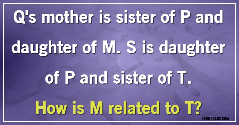 Q's mother is sister of P and daughter of M. S is daughter of P and sister of T. 
How is M related to T? 