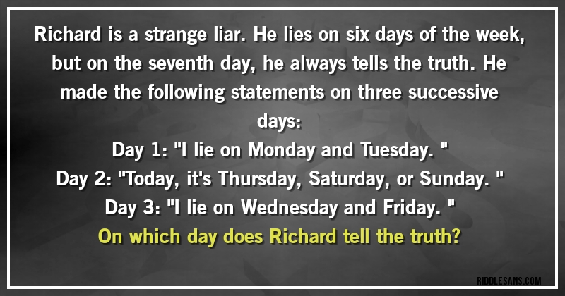 Richard is a strange liar. He lies on six days of the week, but on the seventh day, he always tells the truth. He made the following statements on three successive days:
Day 1: ''I lie on Monday and Tuesday.''
Day 2: ''Today, it's Thursday, Saturday, or Sunday.''
Day 3: ''I lie on Wednesday and Friday.''
On which day does Richard tell the truth?