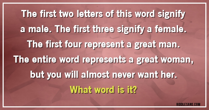 The first two letters of this word signify a male. The first three signify a female. The first four represent a great man. The entire word represents a great woman, but you will almost never want her. 
What word is it?
