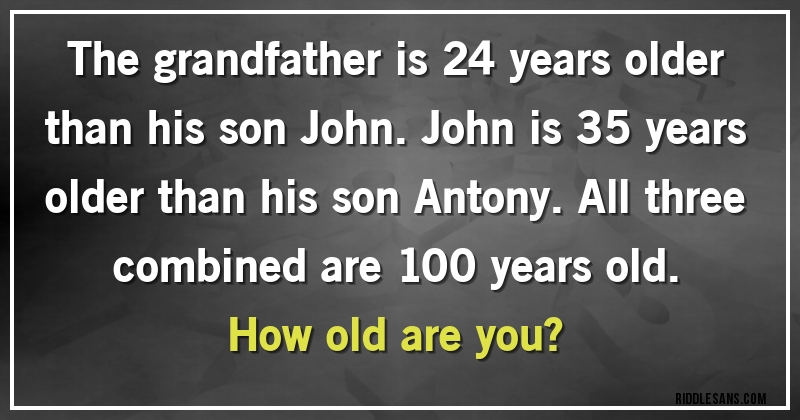 The grandfather is 24 years older than his son John. John is 35 years older than his son Antony. All three combined are 100 years old. 
How old are you? 