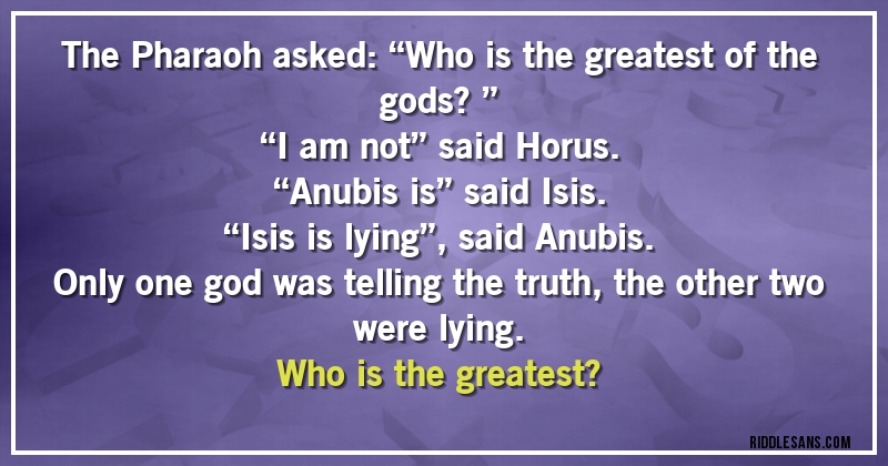 The Pharaoh asked: “Who is the greatest of the gods?”
“I am not” said Horus.
“Anubis is” said Isis.
“Isis is lying”, said Anubis.
Only one god was telling the truth, the other two were lying.
Who is the greatest?