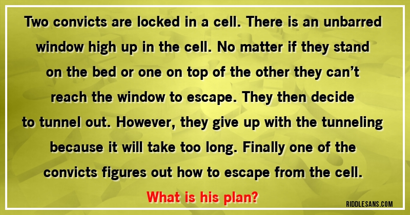 Two convicts are locked in a cell. There is an unbarred window high up in the cell. No matter if they stand on the bed or one on top of the other they can’t reach the window to escape. They then decide to tunnel out. However, they give up with the tunneling because it will take too long. Finally one of the convicts figures out how to escape from the cell. What is his plan?
